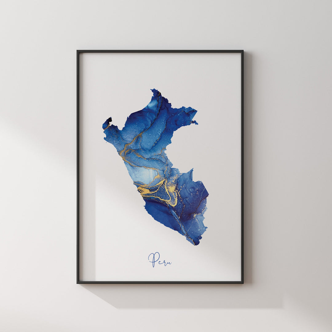 Peru Map Blue and Gold Wall Art Print