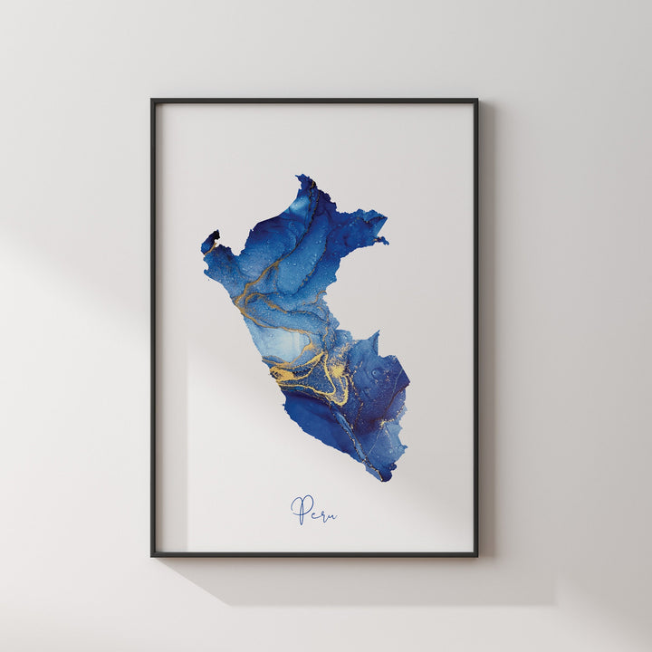 Peru Map Blue and Gold Wall Art Print
