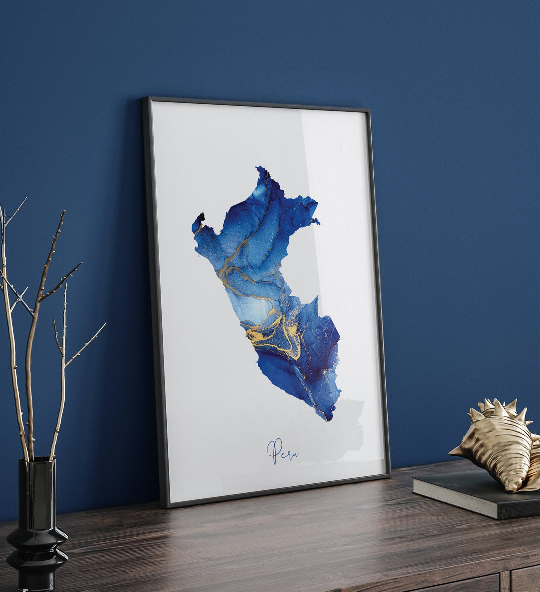 Peru Map Blue and Gold Wall Art Print