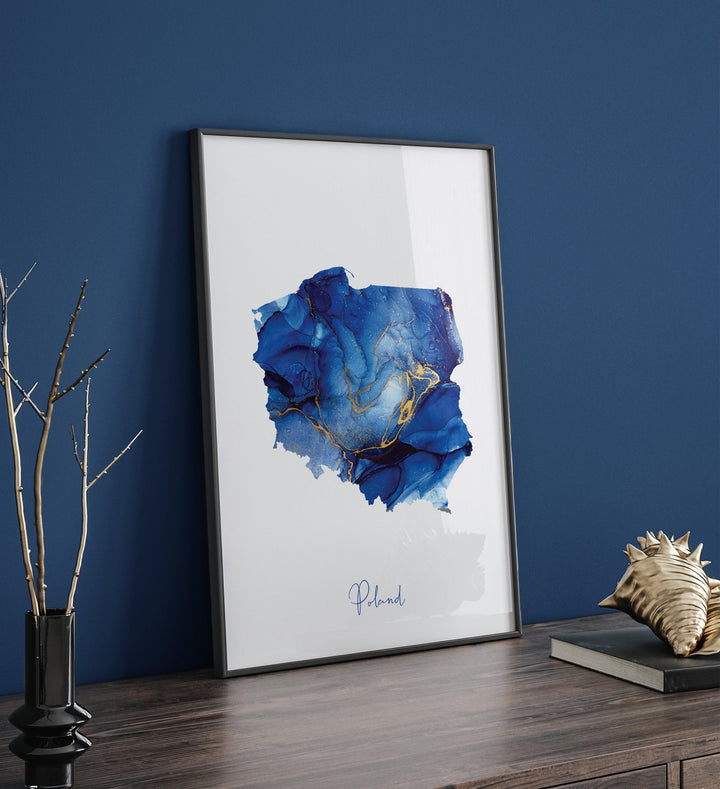 Poland Map Blue and Gold Wall Art Print