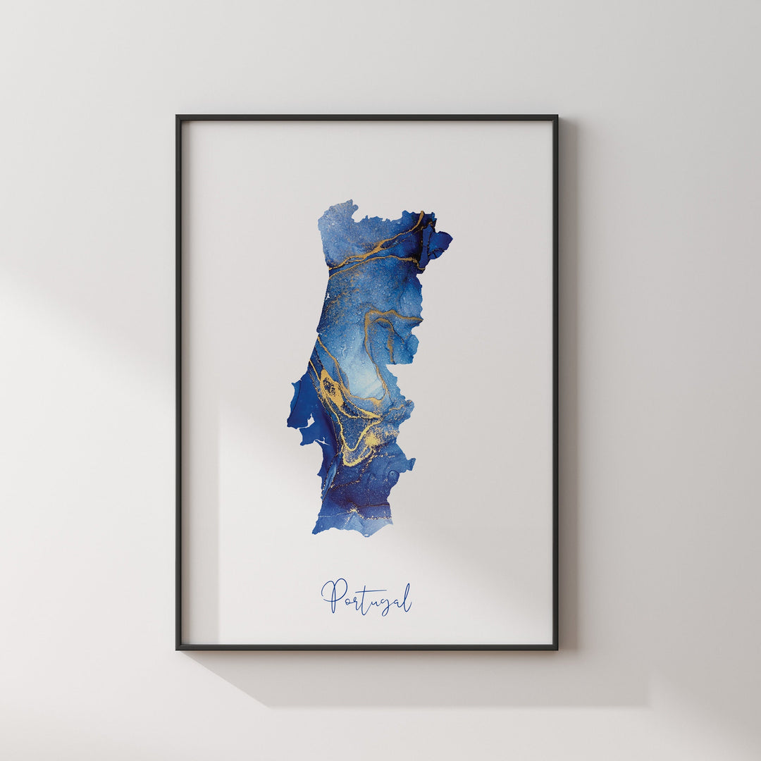 Portugal Map Blue and Gold Wall Art Print