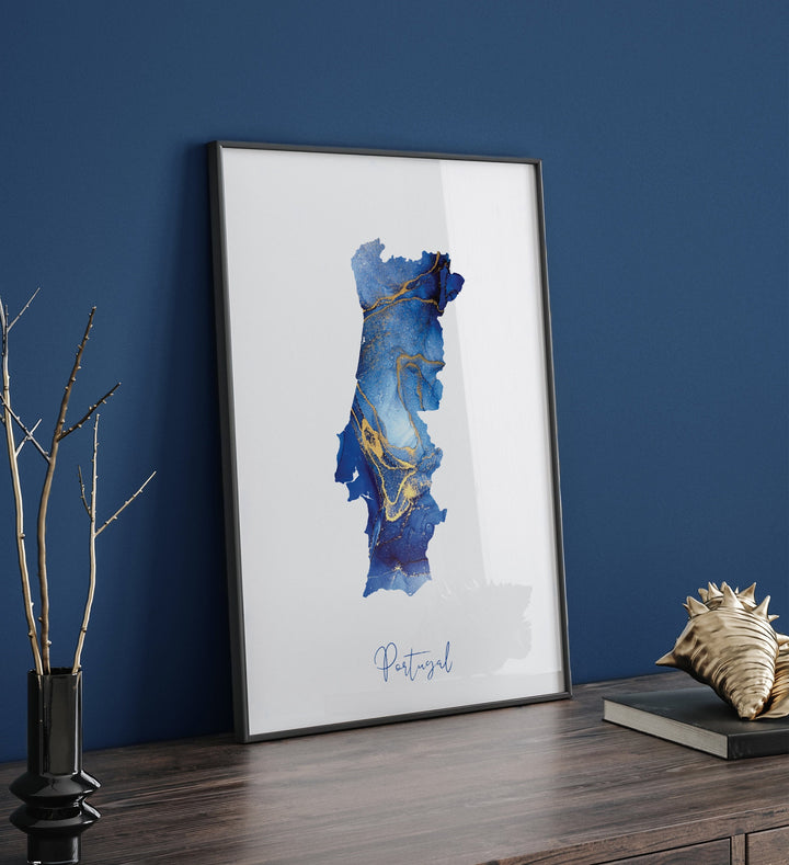 Portugal Map Blue and Gold Wall Art Print