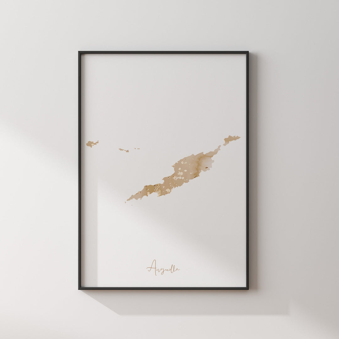 Anguilla Map Beige & Gold Wall Art Print