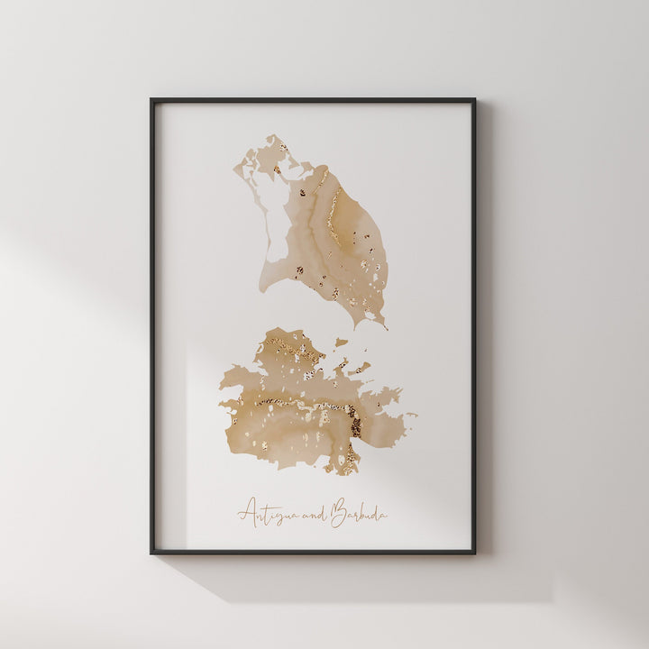 Antigua and Barbuda Map Beige & Gold Wall Art Print