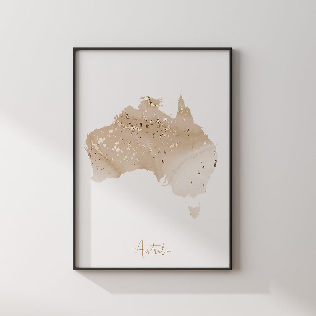 Australia Map Beige & Gold Wall Art Print