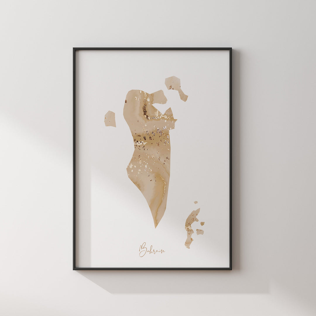 Bahrain Map Beige & Gold Wall Art Print
