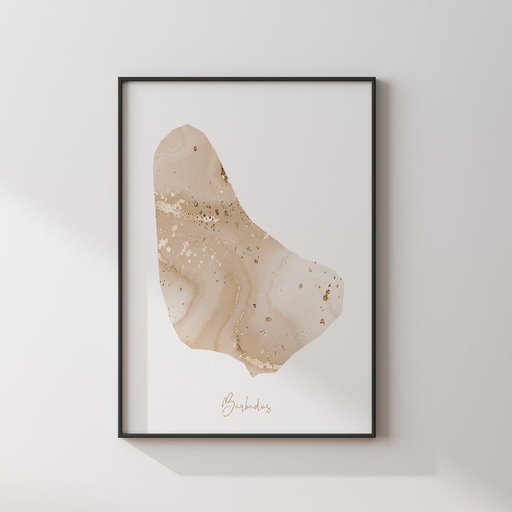 Barbados Map Beige & Gold Wall Art Print