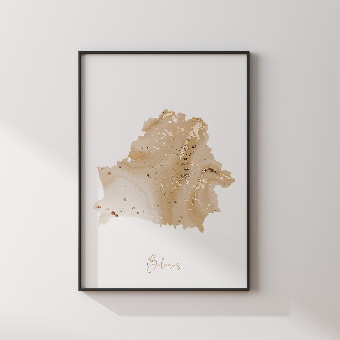 Belarus Map Beige & Gold Wall Art Print