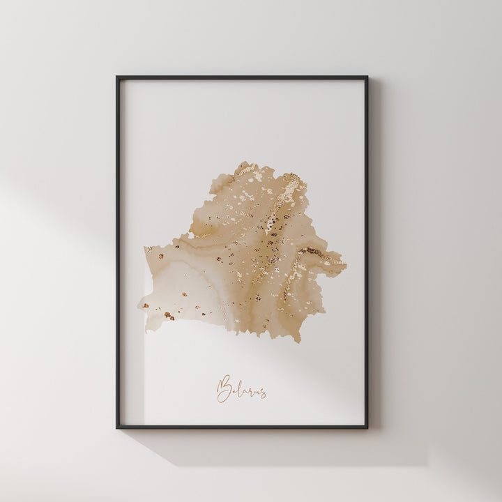 Belarus Map Beige & Gold Wall Art Print