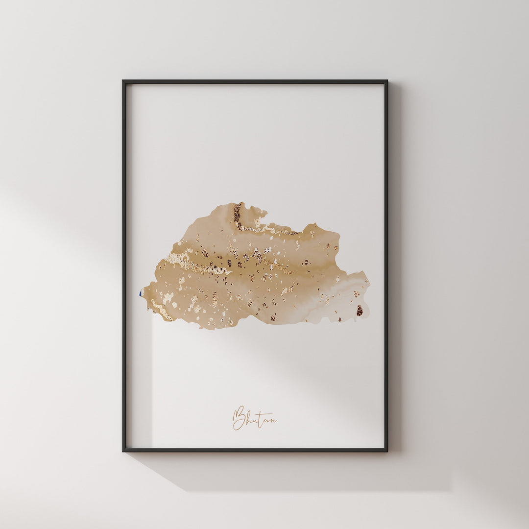 Bhutan Map Beige & Gold Wall Art Print