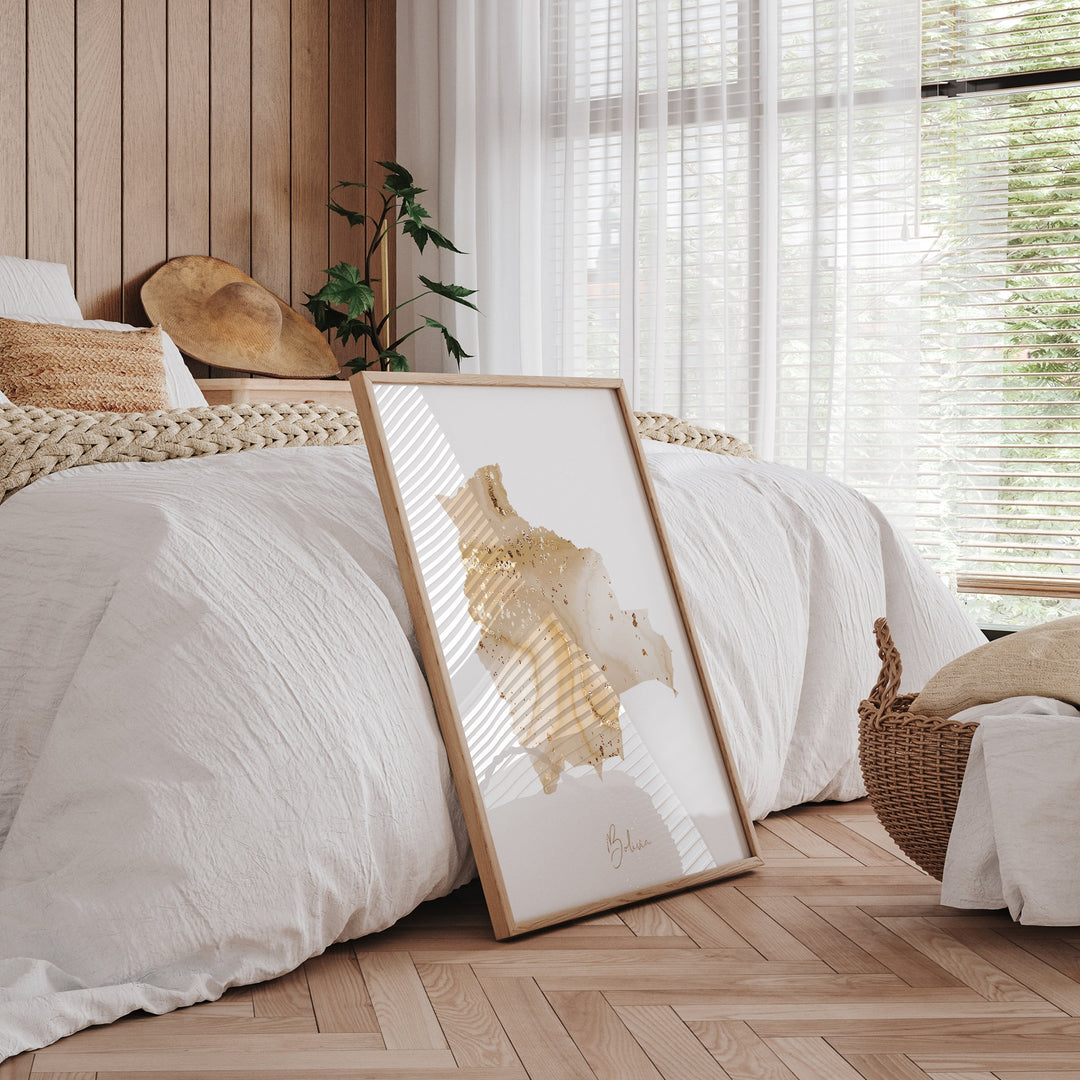 Bolivia Map Beige & Gold Wall Art Print