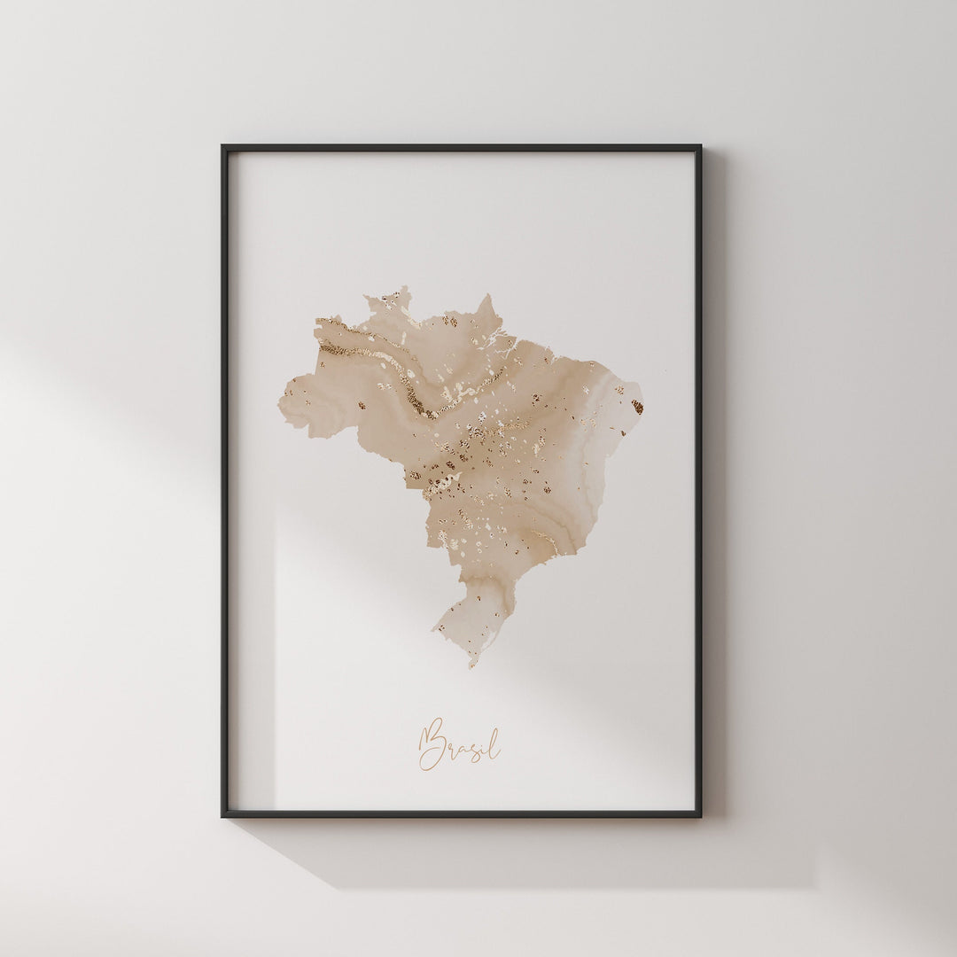 Brazil Map Beige & Gold Wall Art Print