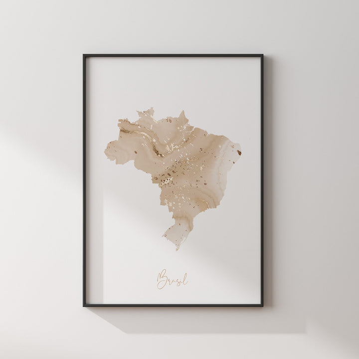 Brazil Map Beige & Gold Wall Art Print
