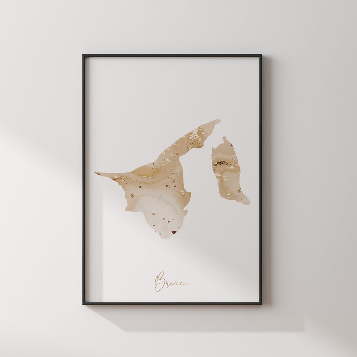 Brunei Map Beige & Gold Wall Art Print