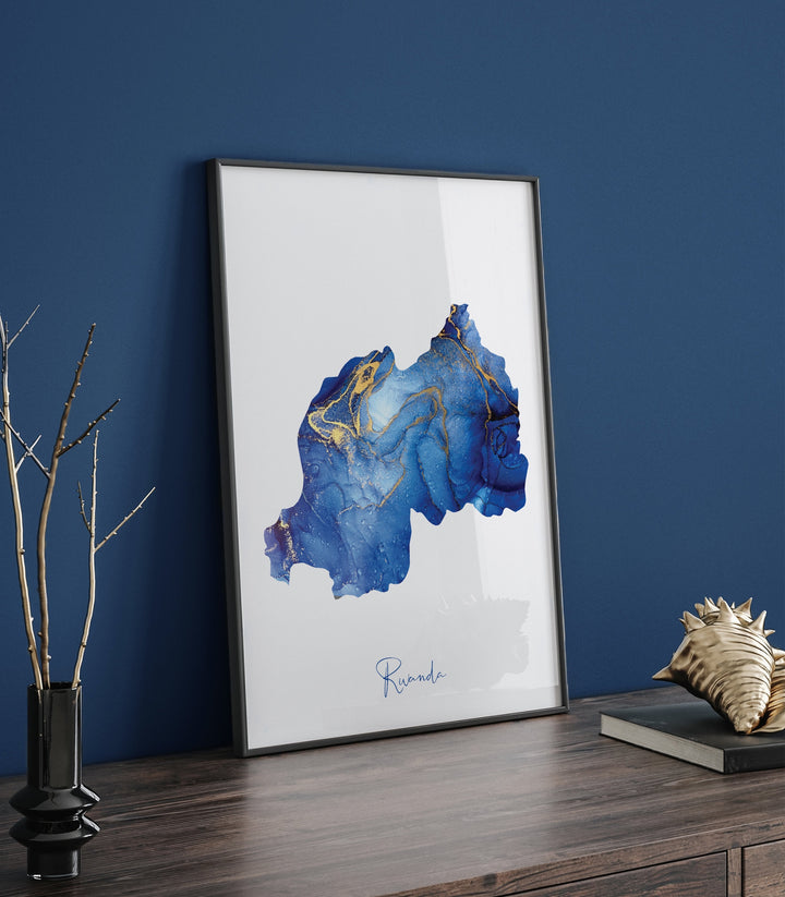Rwanda Map Blue and Gold Wall Art Print