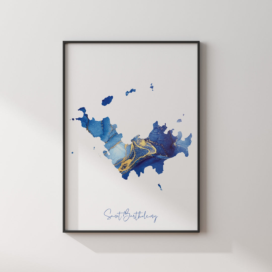 Saint Barthelemy Map Blue and Gold Wall Art Print