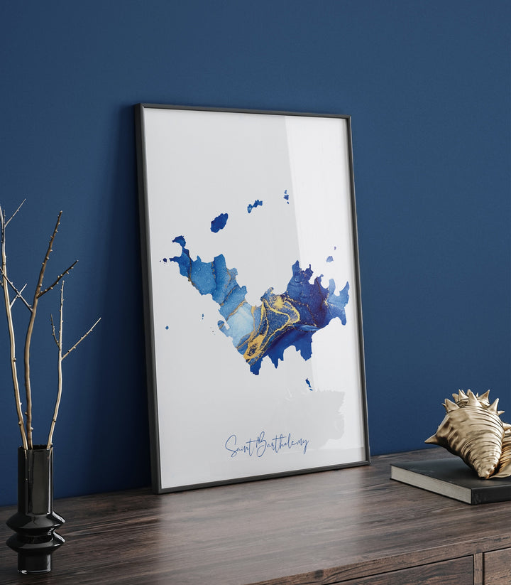 Saint Barthelemy Map Blue and Gold Wall Art Print