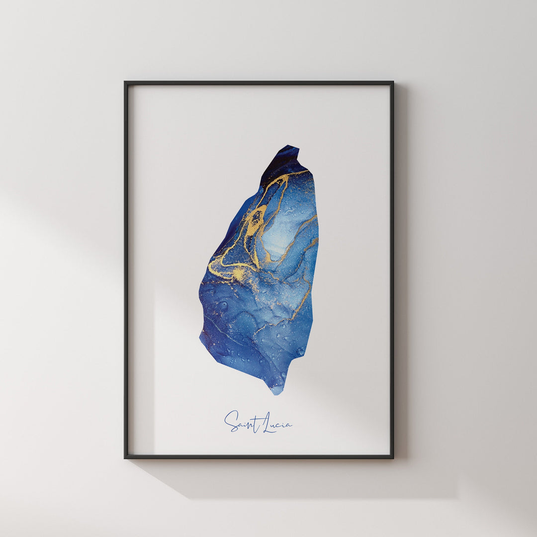 Saint Lucia Map Blue and Gold Wall Art Print