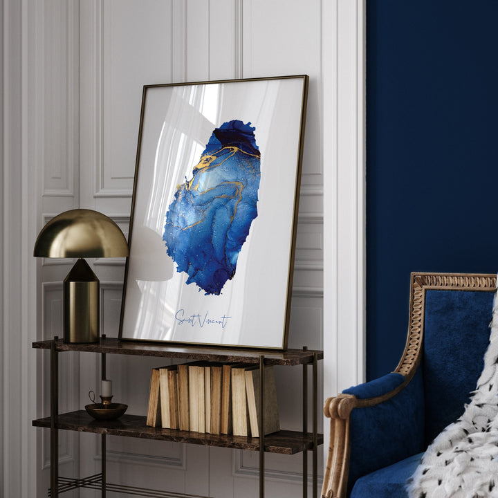 Saint Vincent Map Blue and Gold Wall Art Print