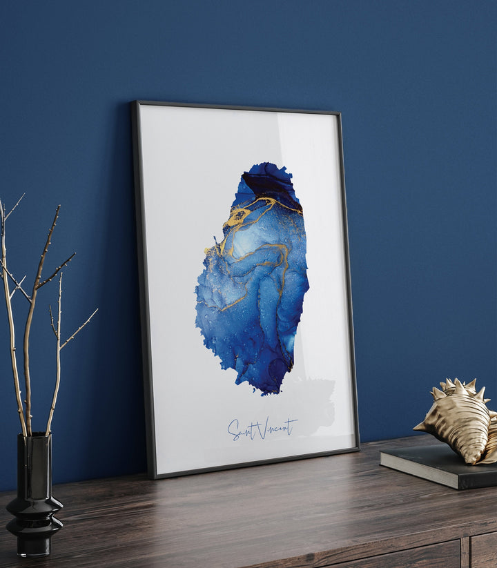 Saint Vincent Map Blue and Gold Wall Art Print