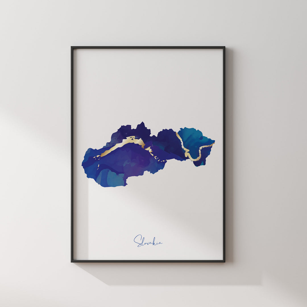 Slovakia Map Blue and Gold Wall Art Print