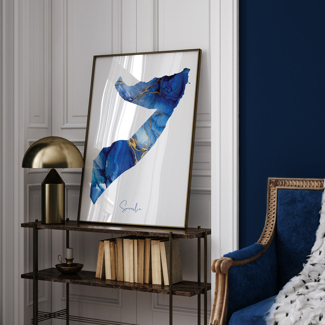 Somalia Map Blue and Gold Wall Art Print