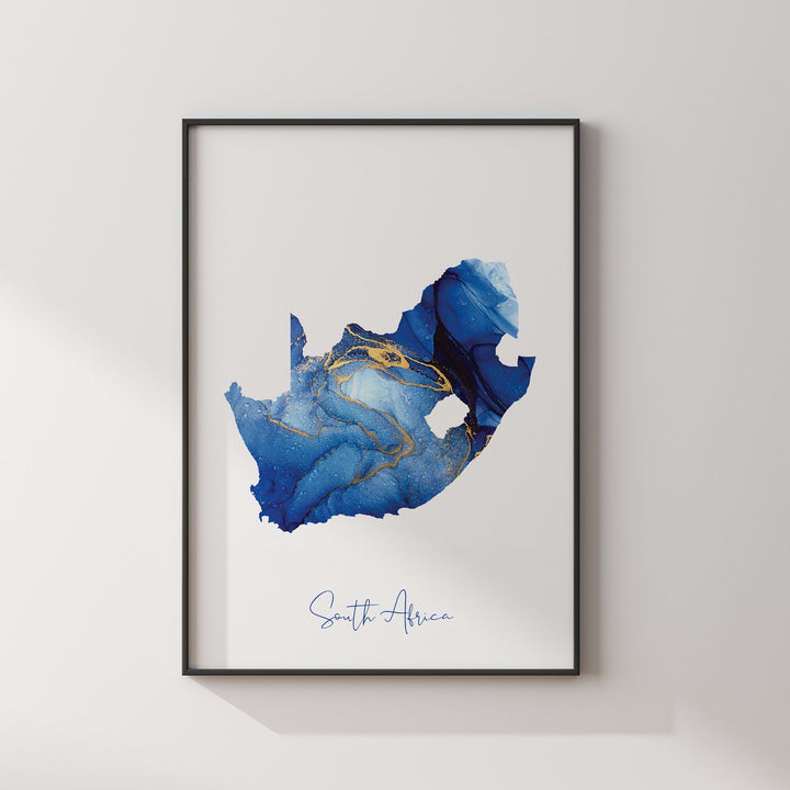 South Africa Map Blue and Gold Wall Art Print