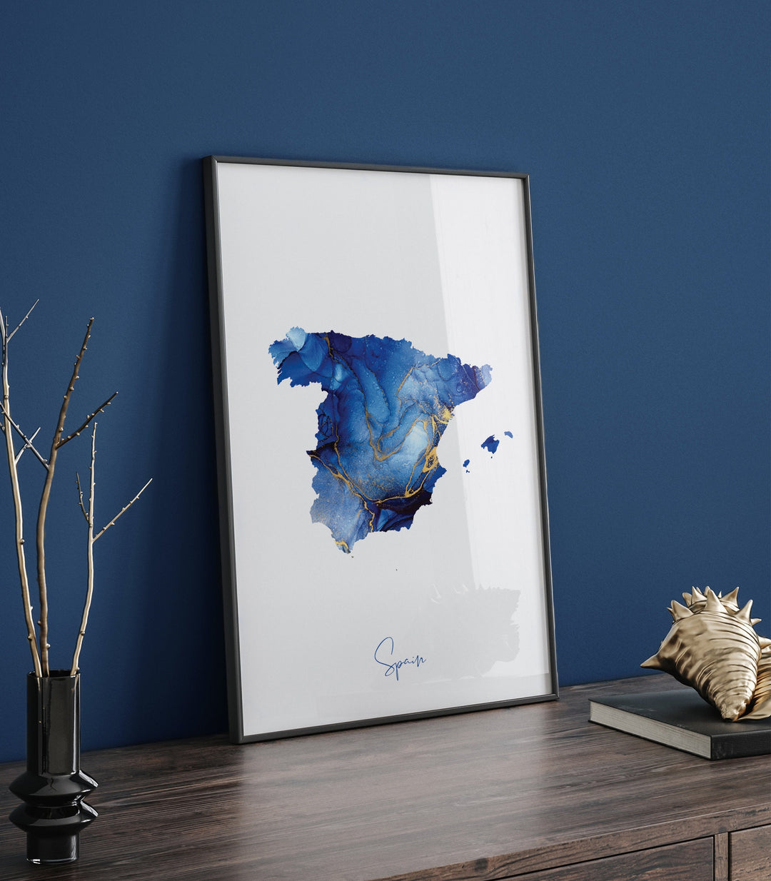 Spain Map Blue and Gold Wall Art Print