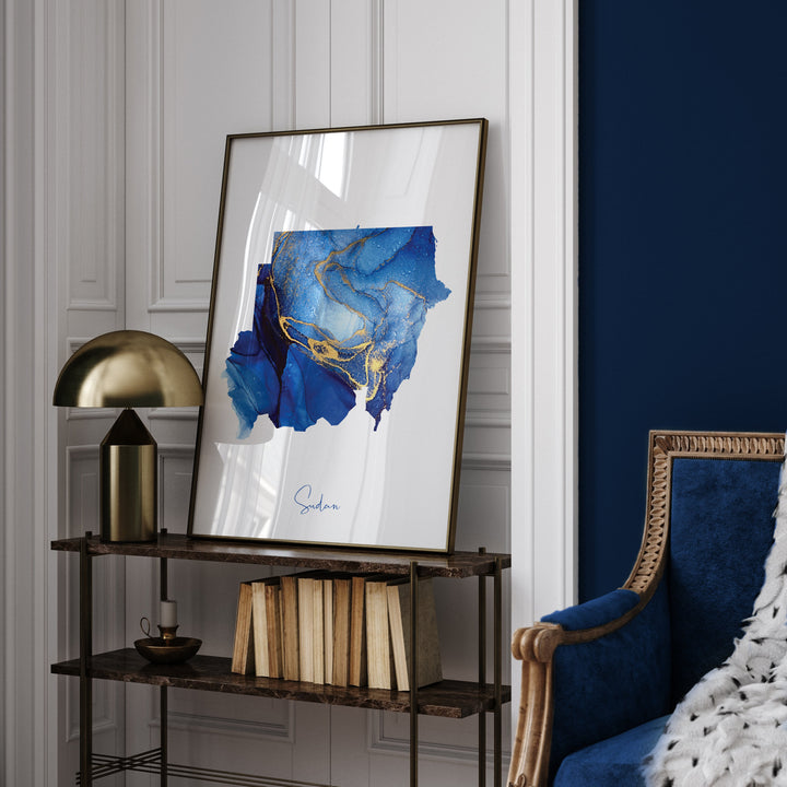 Sudan Map Blue and Gold Wall Art Print