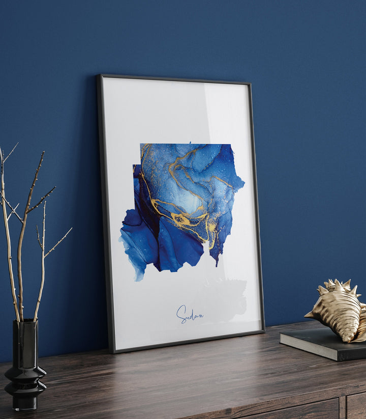 Sudan Map Blue and Gold Wall Art Print