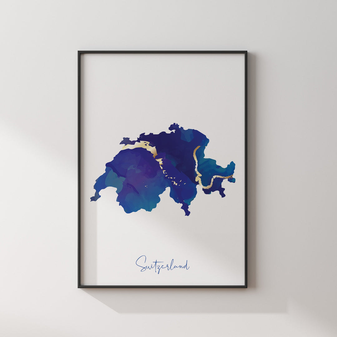 Switzerland Map Blue and Gold Wall Art Print