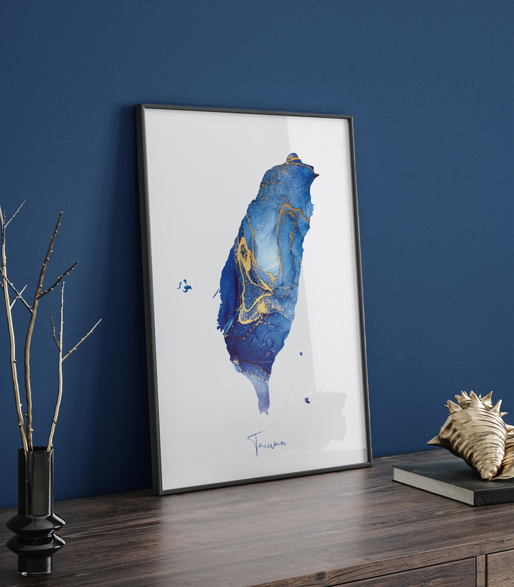 Taiwan Map Blue and Gold Wall Art Print