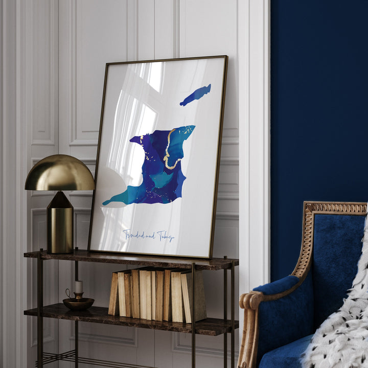 Trinidad and Tobago Map Blue and Gold Wall Art Print