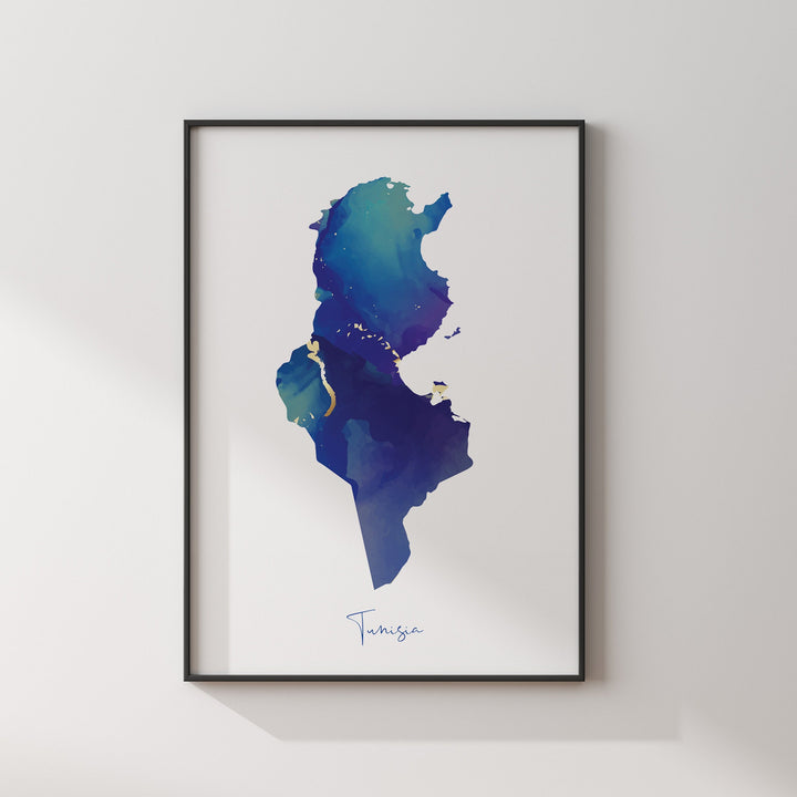 Tunisia Map Blue and Gold Wall Art Print