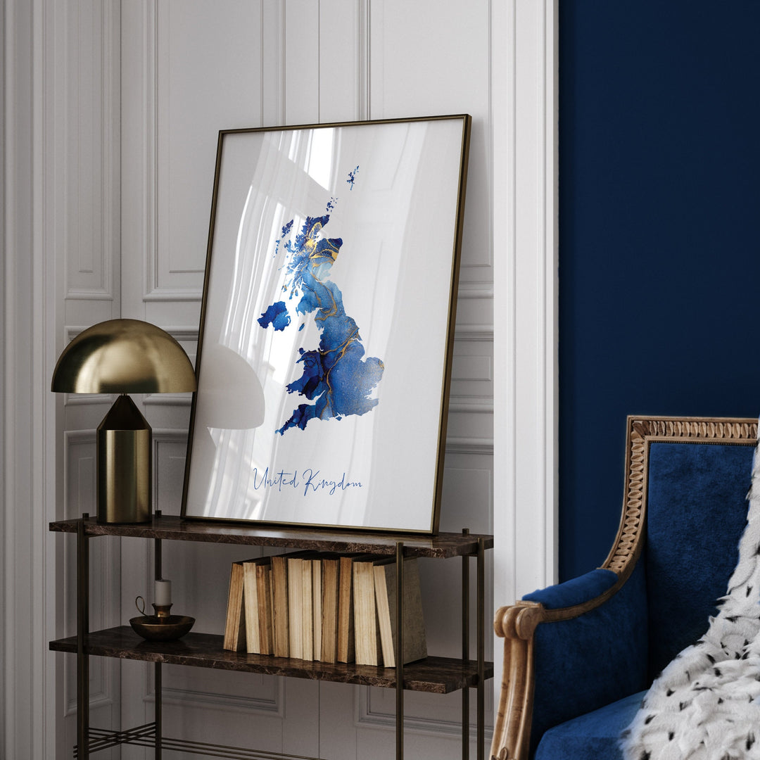 United Kingdom Map Blue and Gold Wall Art Print UK