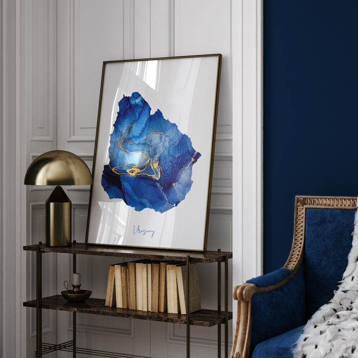 Uruguay Map Blue and Gold Wall Art Print