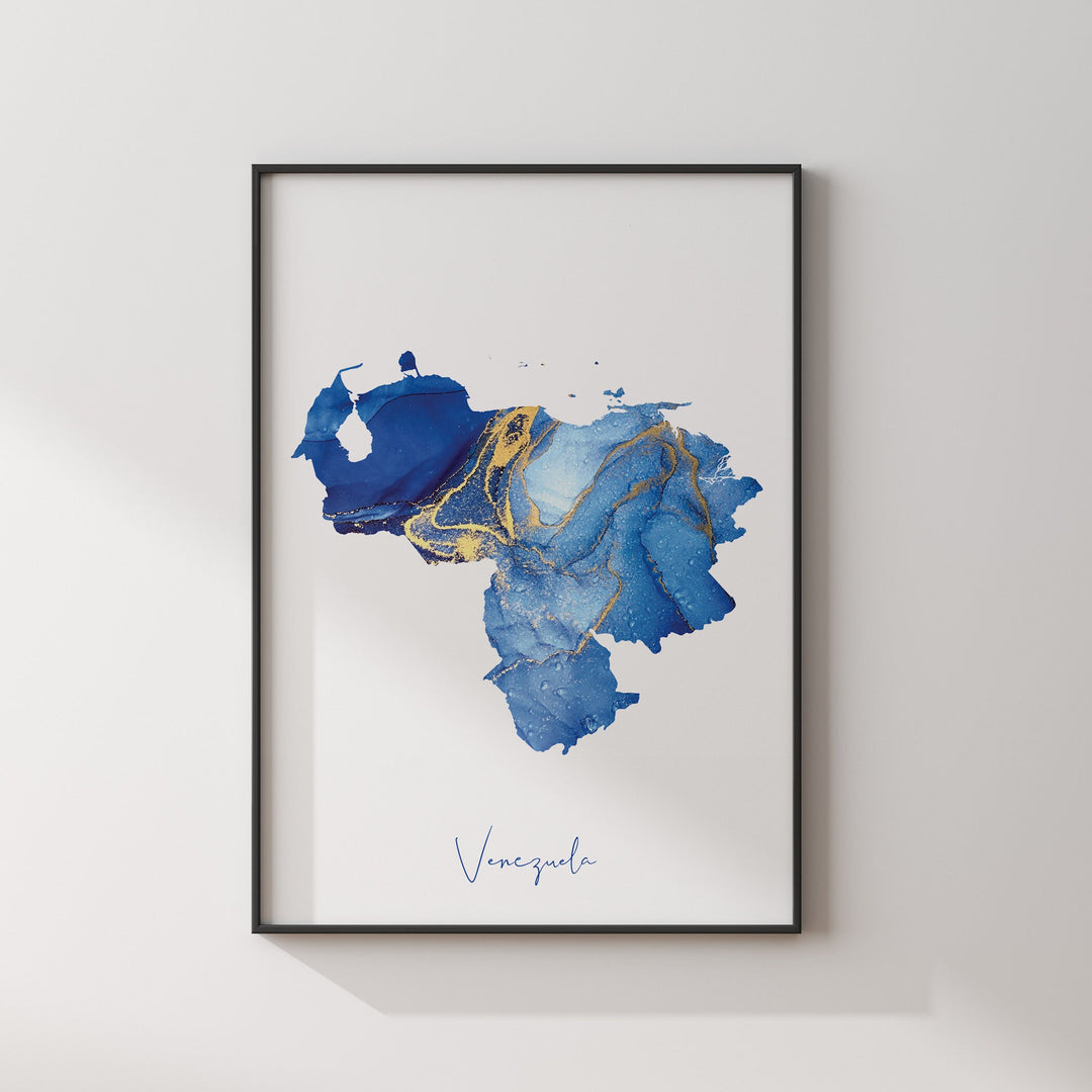 Venezuela Map Blue and Gold Wall Art Print