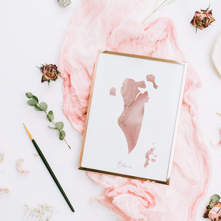 Bahrain Map Pink and Gold Wall Art Print