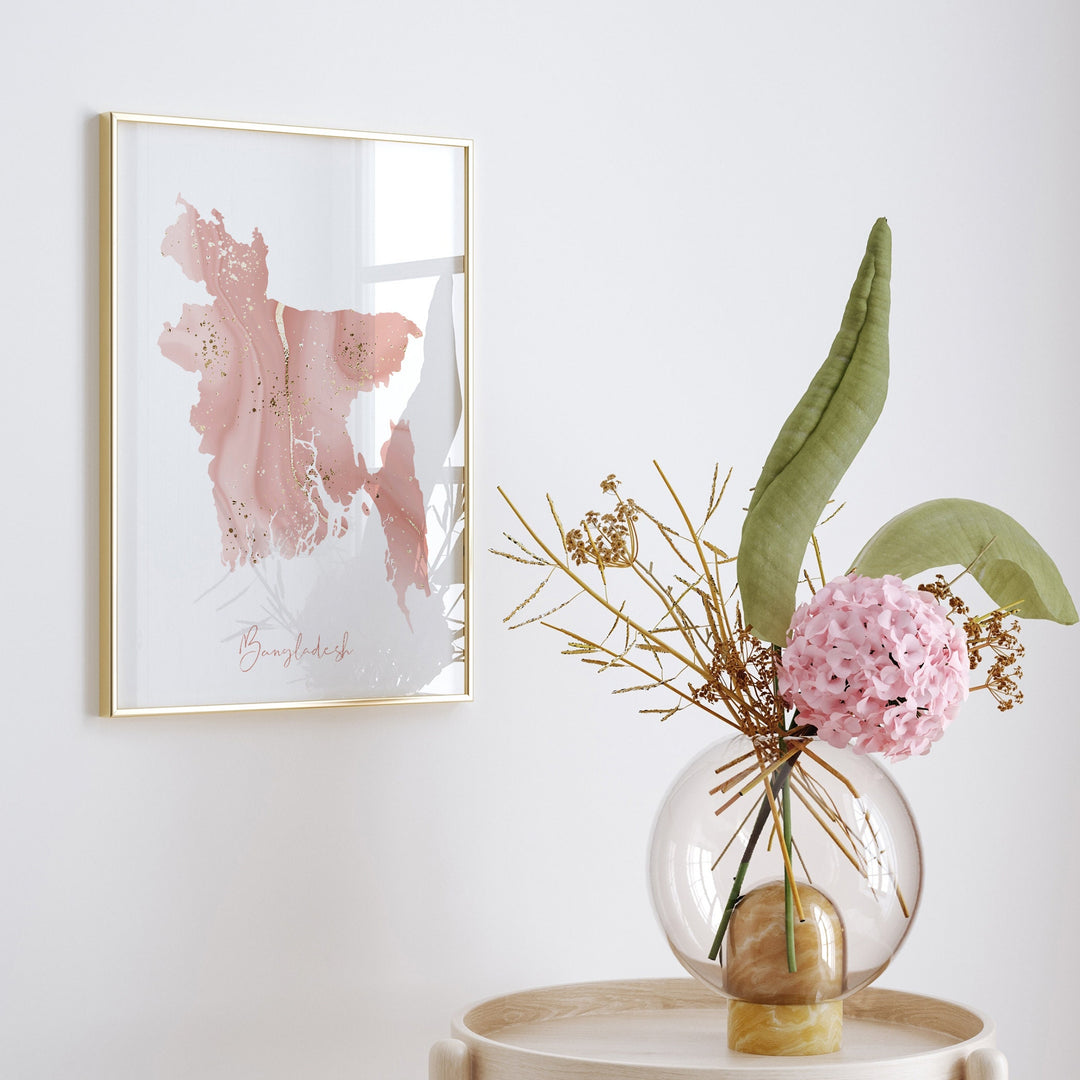 Bangladesh Map Pink and Gold Wall Art Print