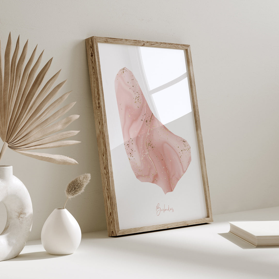 Barbados Map Pink and Gold Wall Art Print