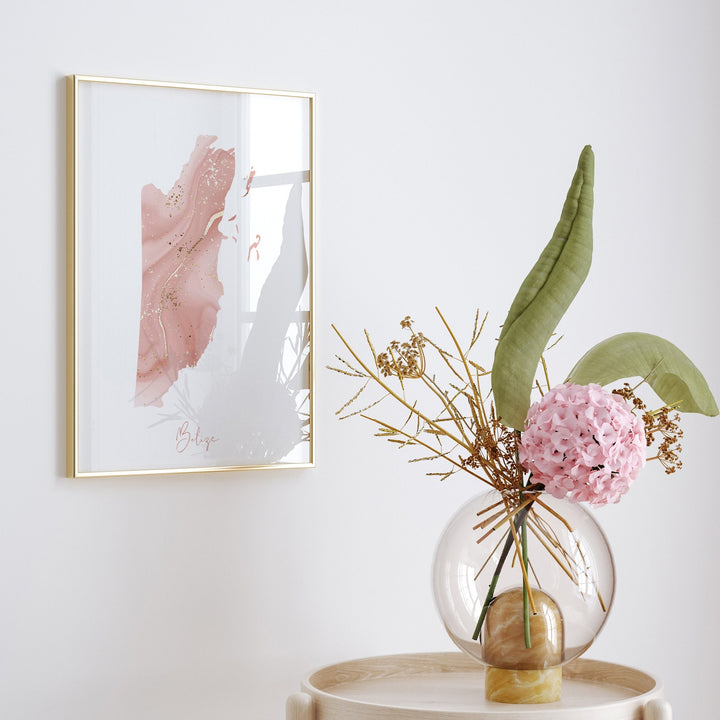 Belize Map Pink and Gold Wall Art Print