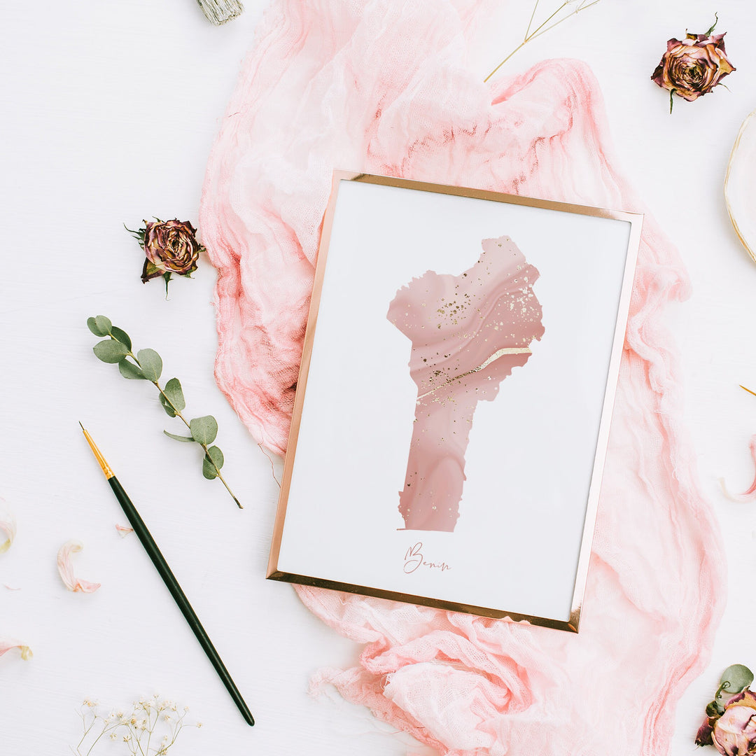 Benin Map Pink and Gold Wall Art Print