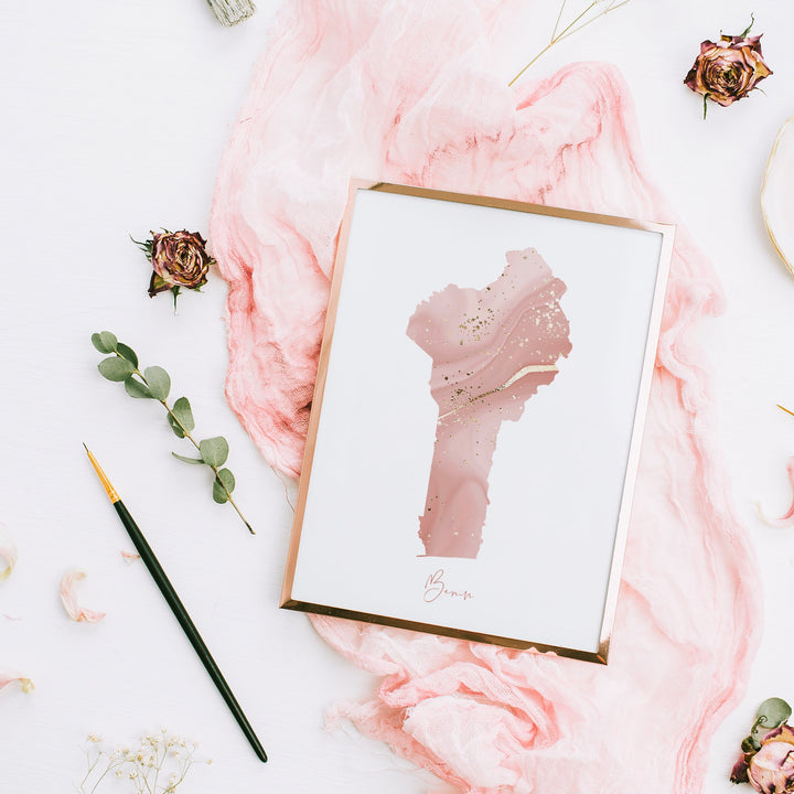 Benin Map Pink and Gold Wall Art Print