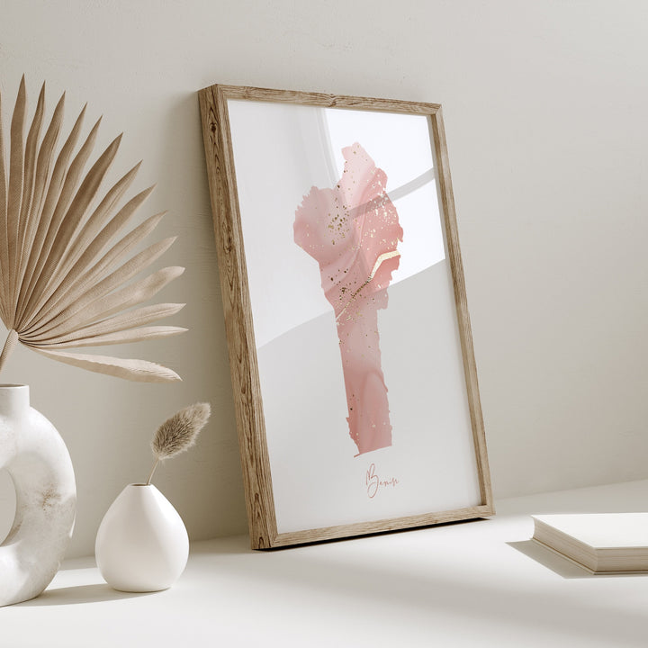 Benin Map Pink and Gold Wall Art Print