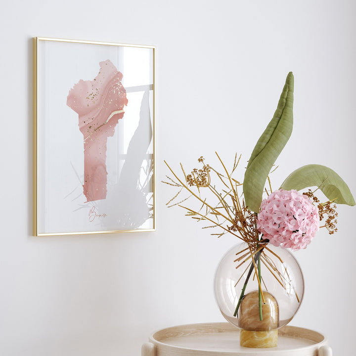 Benin Map Pink and Gold Wall Art Print