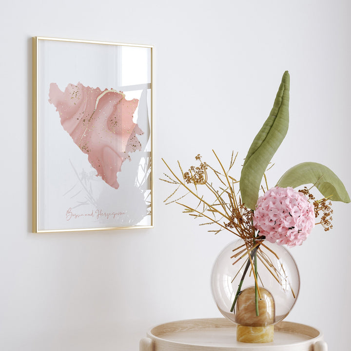 Bosnia and Herzegovina Map Pink and Gold Wall Art Print