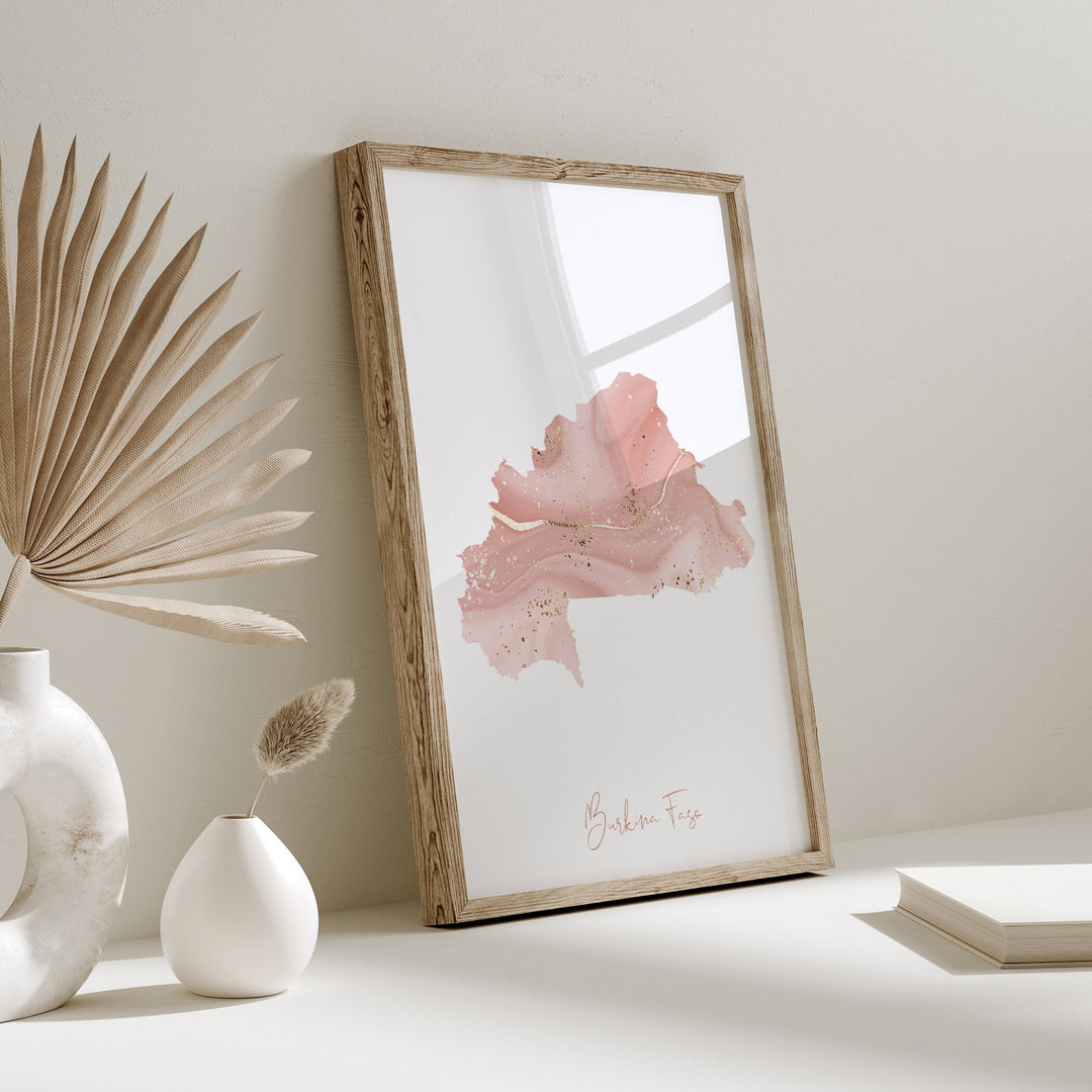 Burkina Faso Map Pink and Gold Wall Art Print