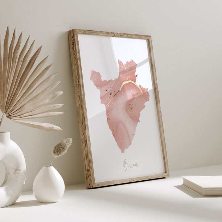 Burundi Map Pink and Gold Wall Art Print