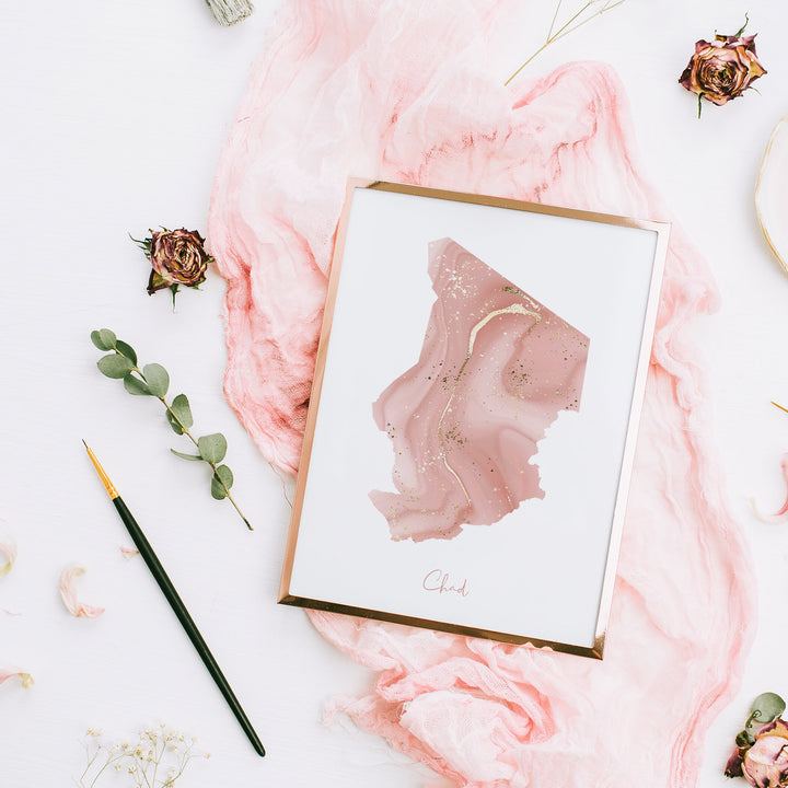 Chad Map Pink and Gold Wall Art Print