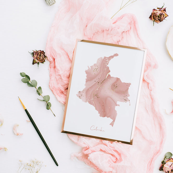 Colombia Map Pink and Gold Wall Art Print